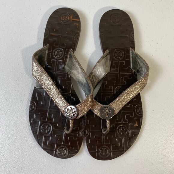 Tory Burch Women's Size 7 Thora Sandals Flip Flop Thongs Metallic Pewter Leather - Picture 6 of 12